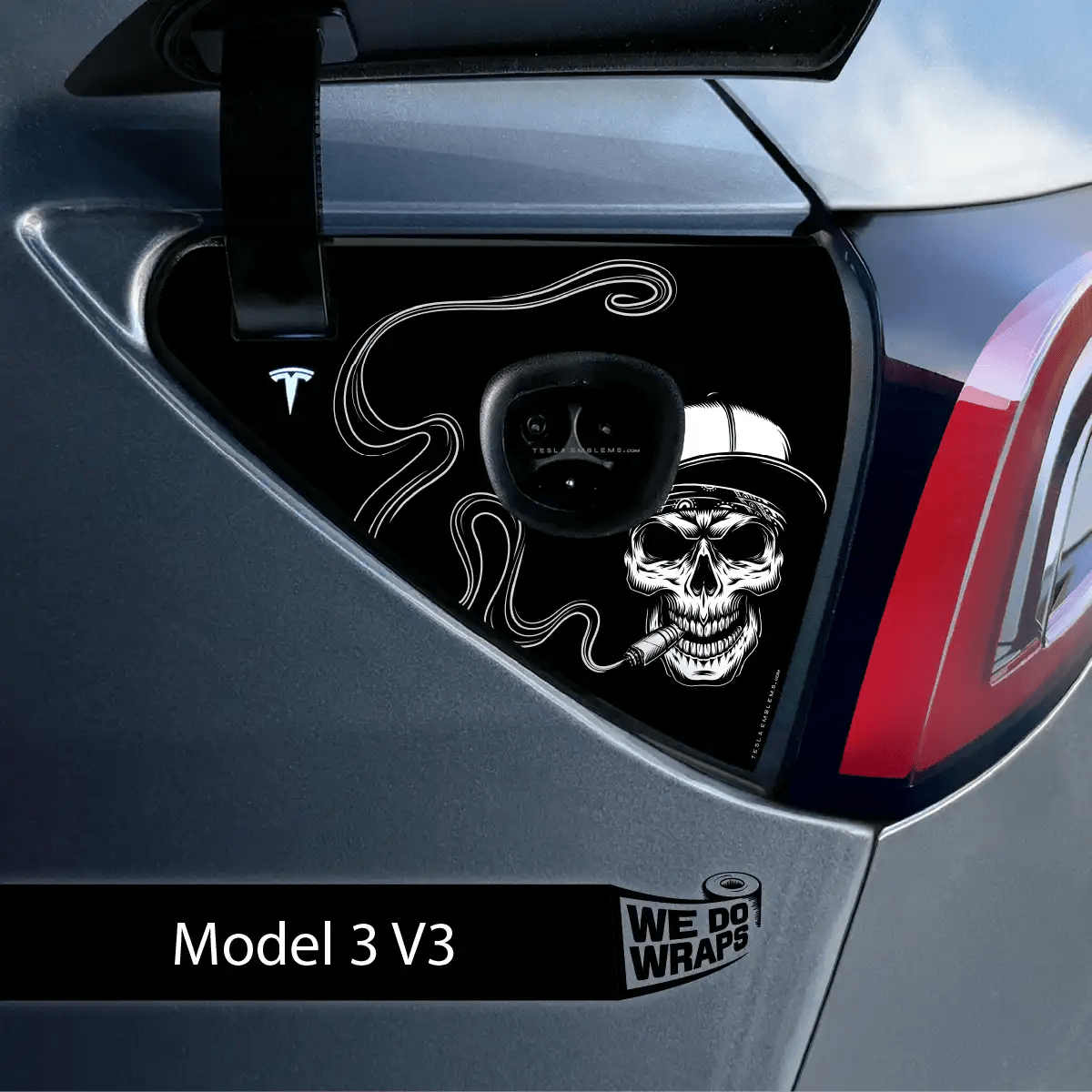 Smoking Skull Art Tesla Charge Port Wrap | Model 3 - Tesla Emblems