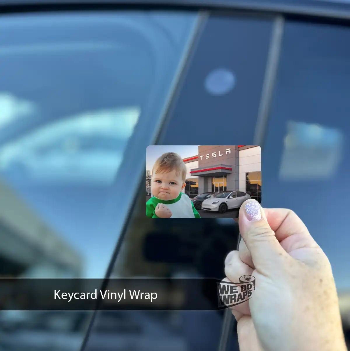 Success Kid At Tesla Meme Keycard Decal - Tesla Emblems