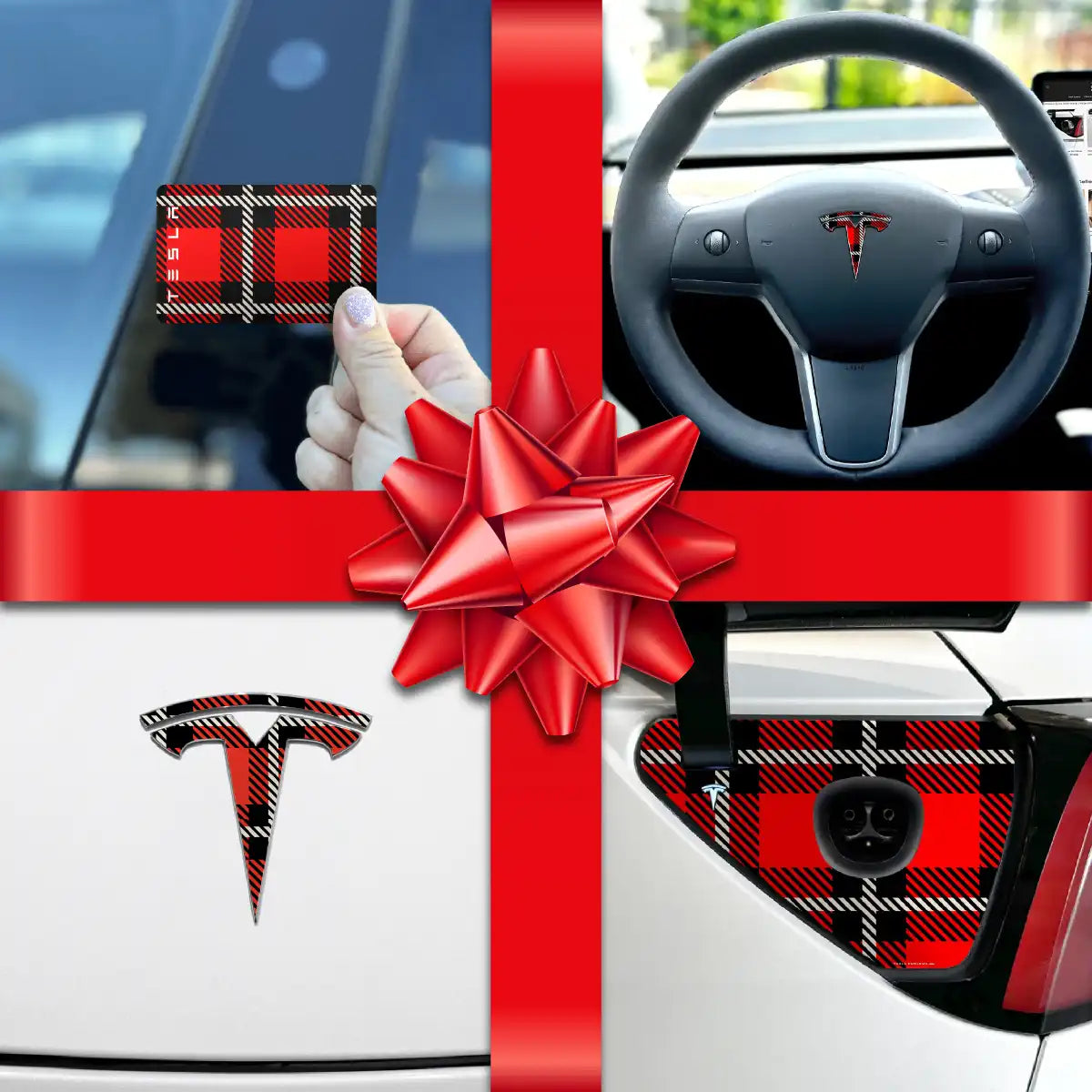 Holiday Bundle Tartan Plaid Tesla Wrap Kit | Model 3 - Tesla Emblems