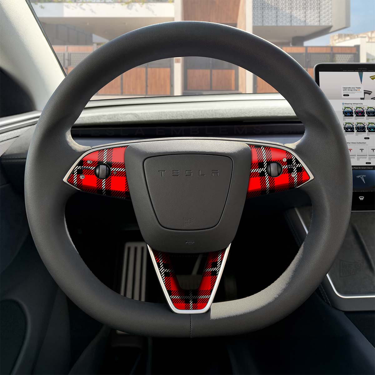 Tartan Plaid Tesla Steering Wheel Trim Decal Kit (3pcs) | MY 2026+ Refresh - Tesla Emblems