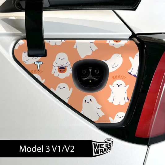 Trick - or - Treat Ghost Tesla Charge Port Wrap | Model 3 - Tesla Emblems