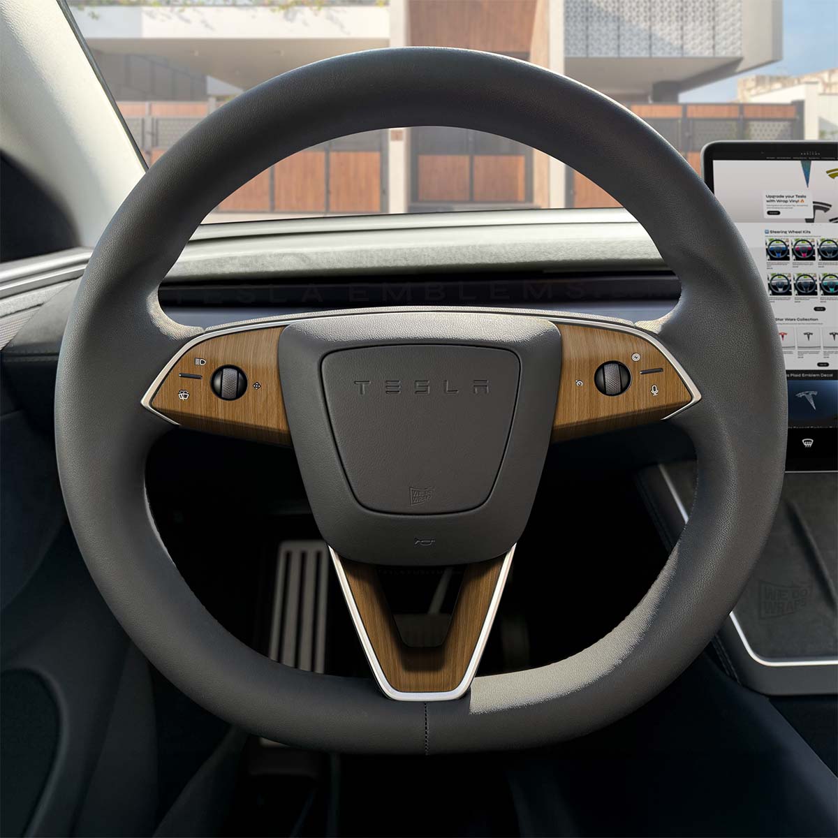 Golden Oak Woodgrain Tesla Steering Wheel Trim Decal Kit (3pcs) | MY 2026+ Refresh - Tesla Emblems