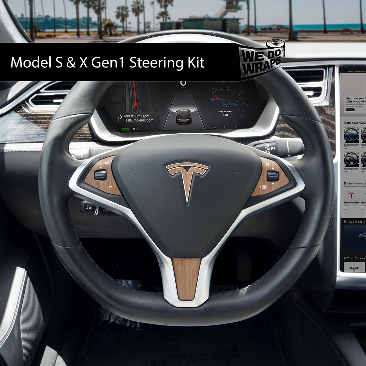 Golden Oak Woodgrain Tesla Steering Wheel Wrap | Model S - Tesla Emblems