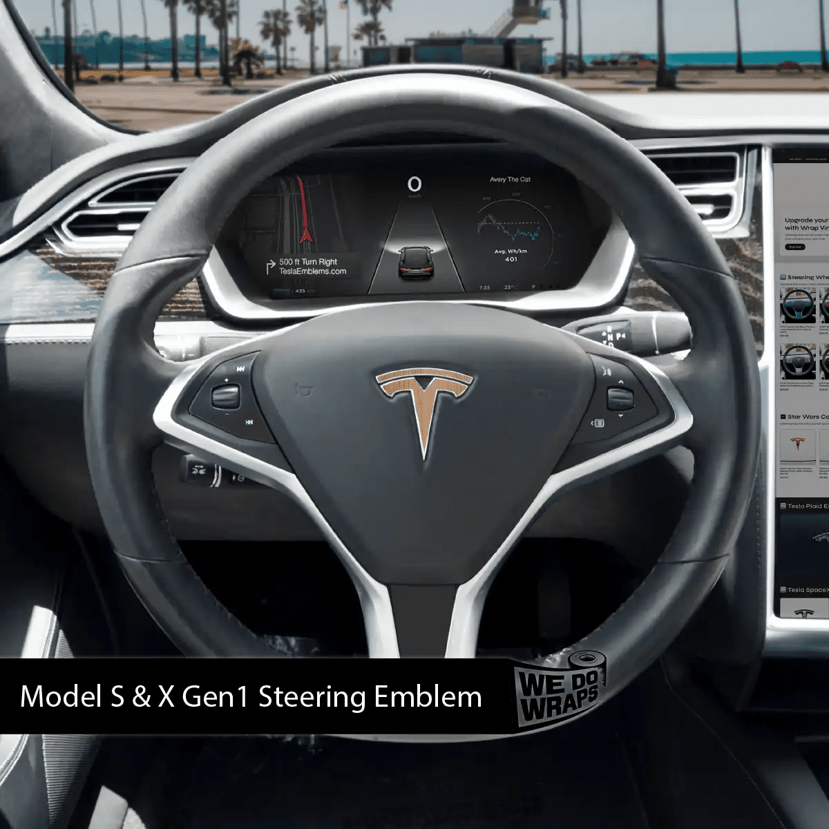 White Ash Woodgrain Tesla Steering Wheel Wrap | Model X - Tesla Emblems