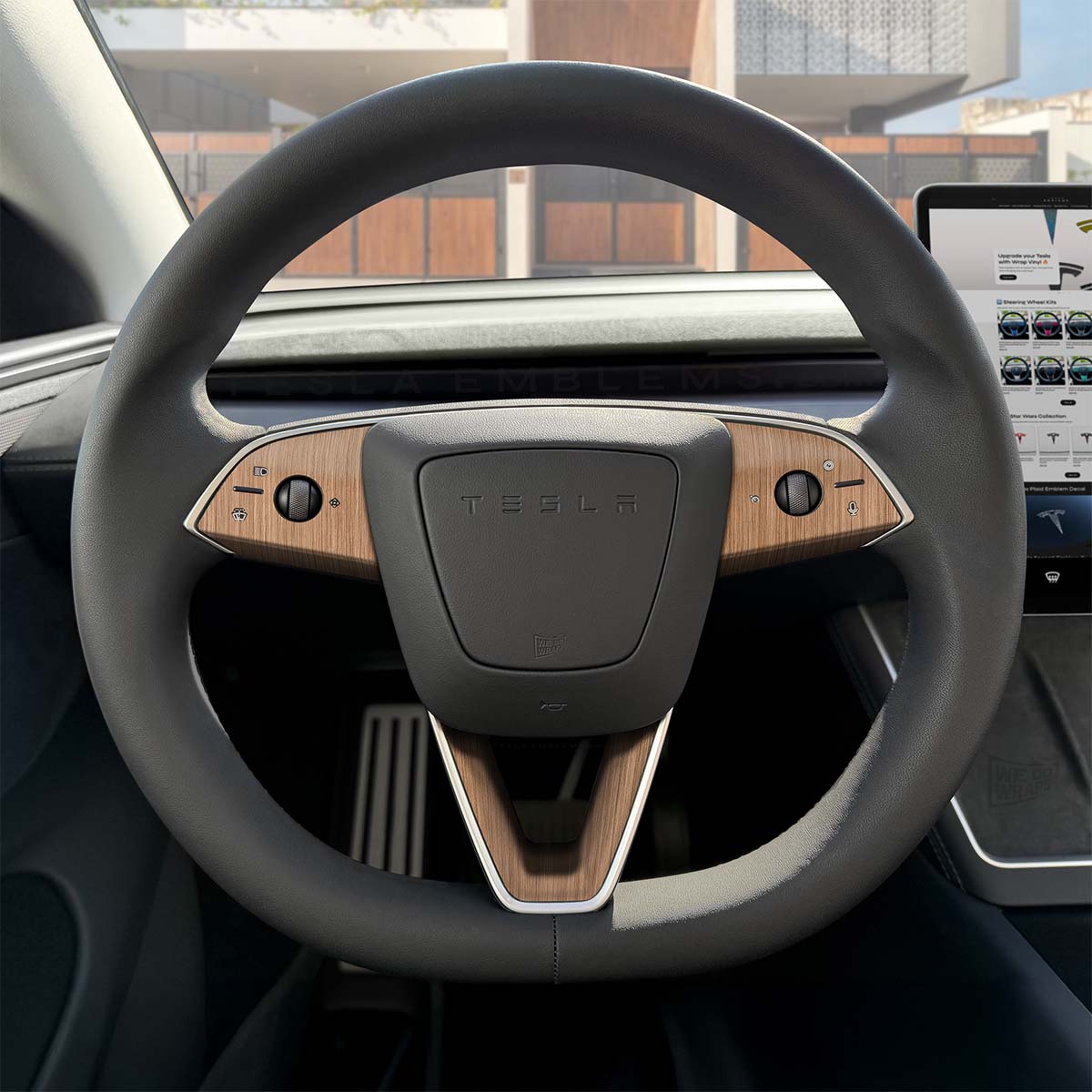 White Ash Woodgrain Tesla Steering Wheel Trim Decal Kit (3pcs) | MY 2026+ Refresh - Tesla Emblems