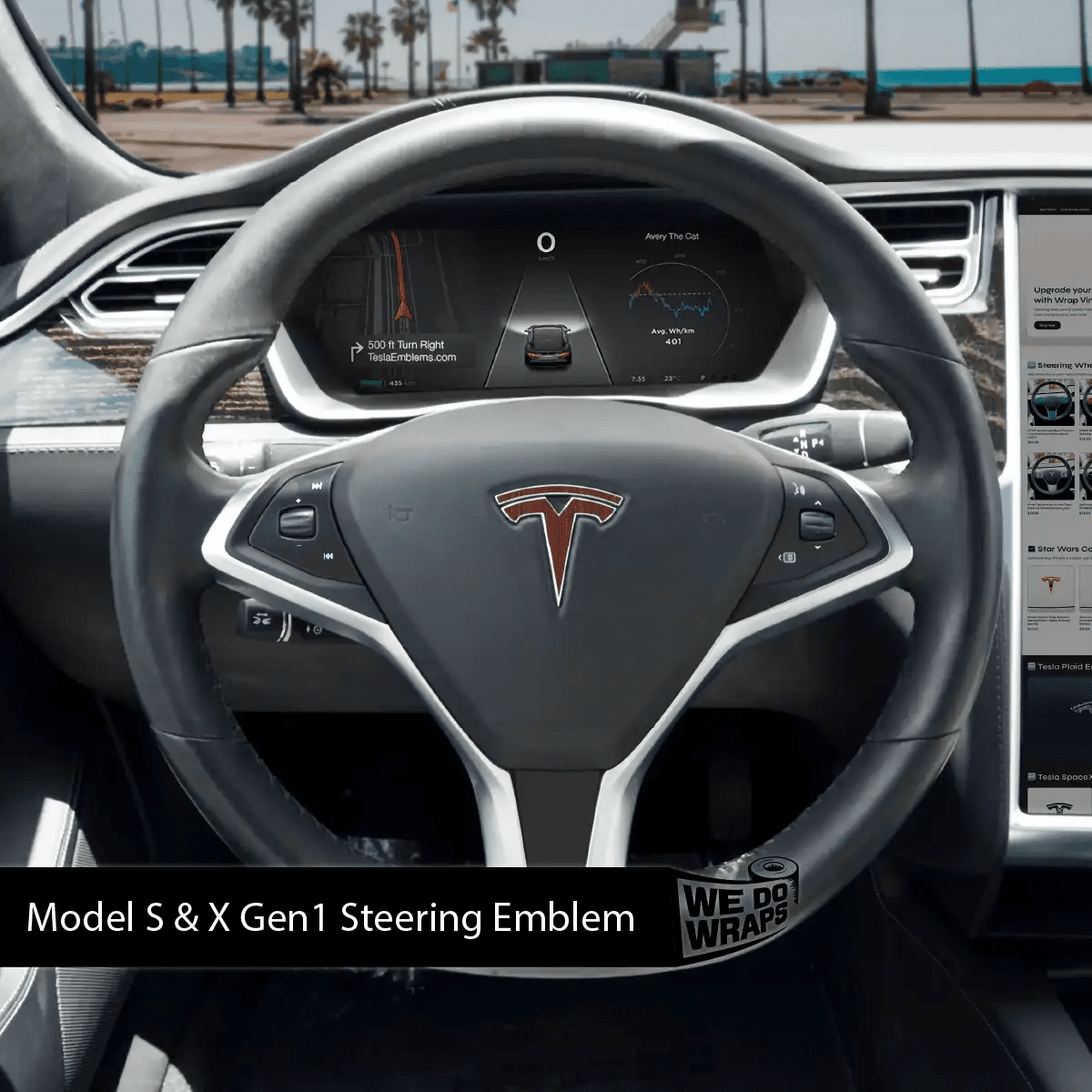 Redwood Woodgrain Tesla Steering Wheel Wrap | Model S - Tesla Emblems