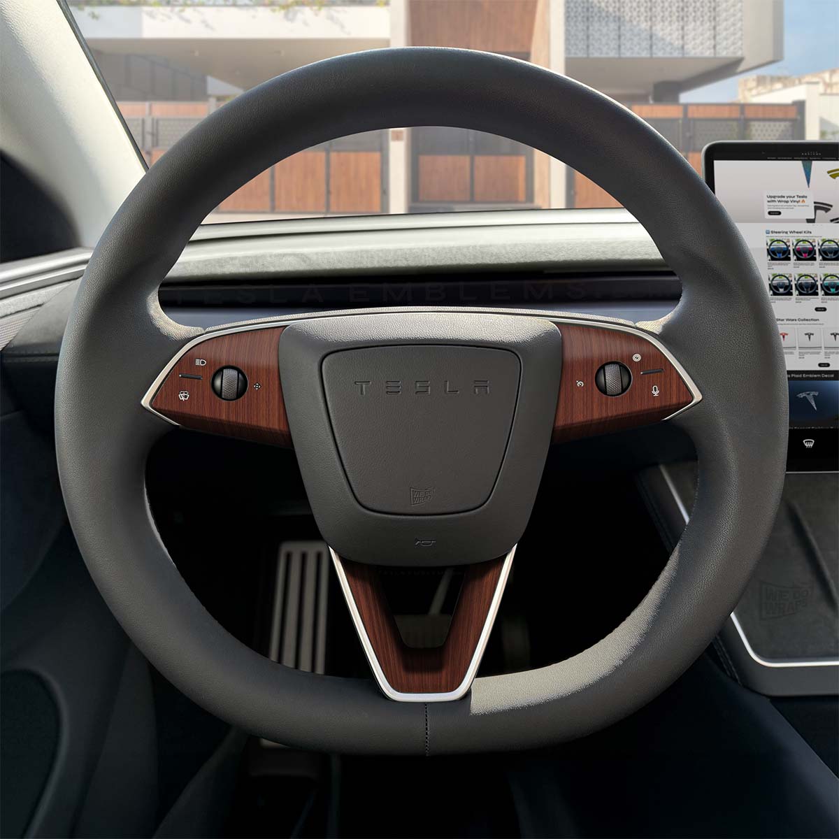 Redwood Woodgrain Tesla Steering Wheel Trim Decal Kit (3pcs) | MY 2026+ Refresh - Tesla Emblems