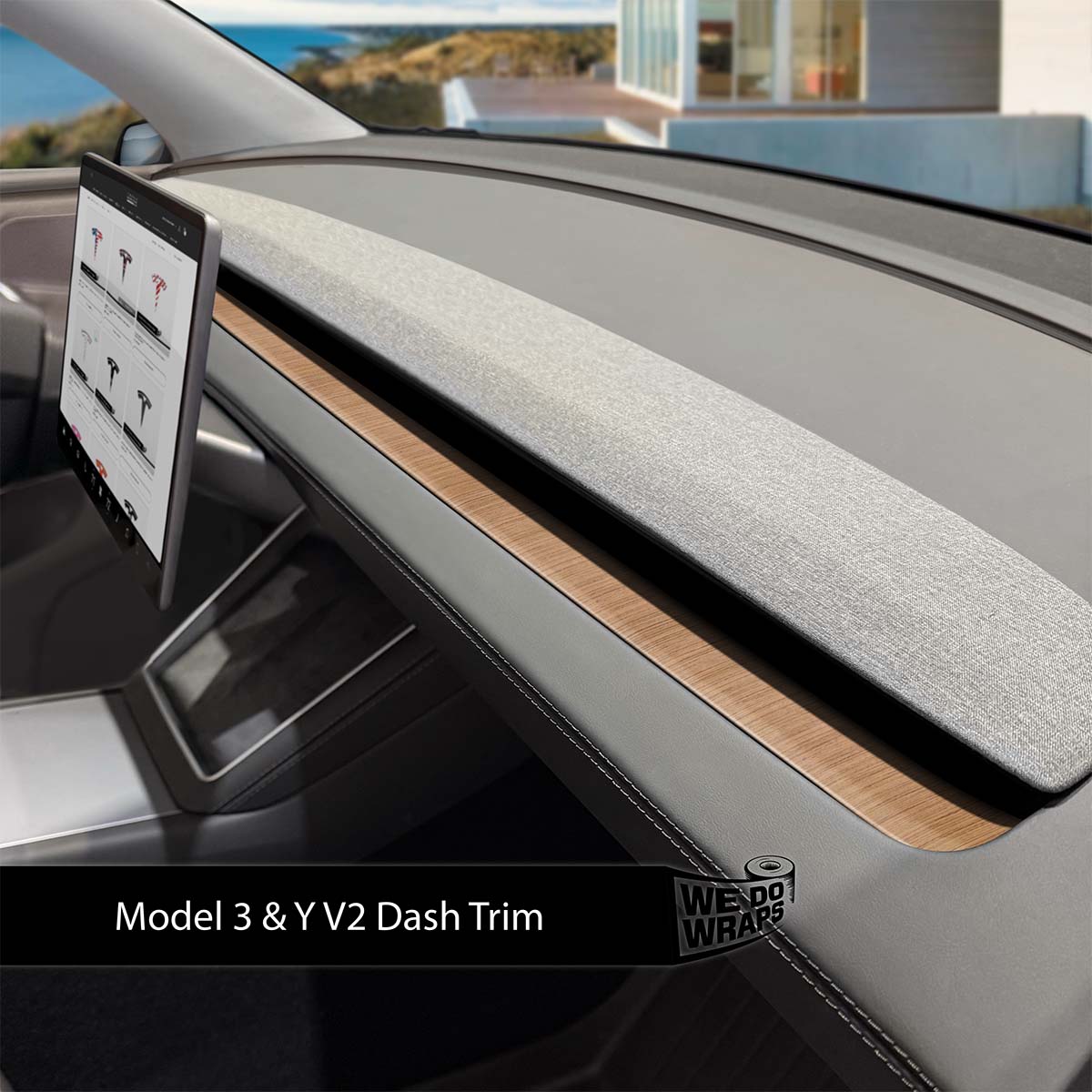 White Ash Stock Tesla Dash Trim Wrap | Model 3 ’24 - 26 Refresh - Tesla Emblems