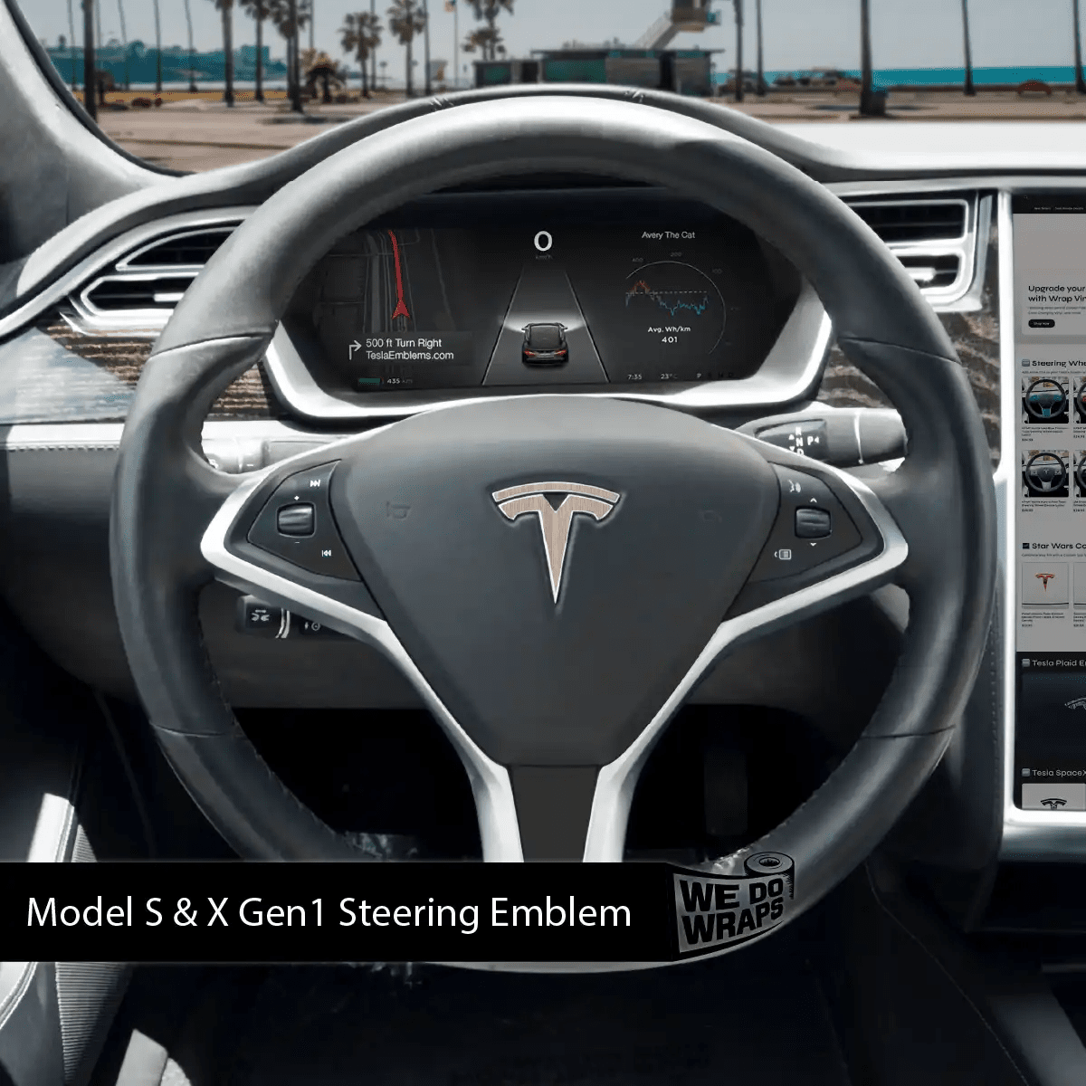 White Birch Woodgrain Tesla Steering Wheel Wrap | Model S - Tesla Emblems