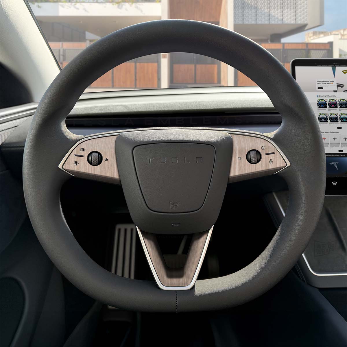 White Birch Woodgrain Tesla Steering Wheel Trim Decal Kit (3pcs) | MY 2026+ Refresh - Tesla Emblems