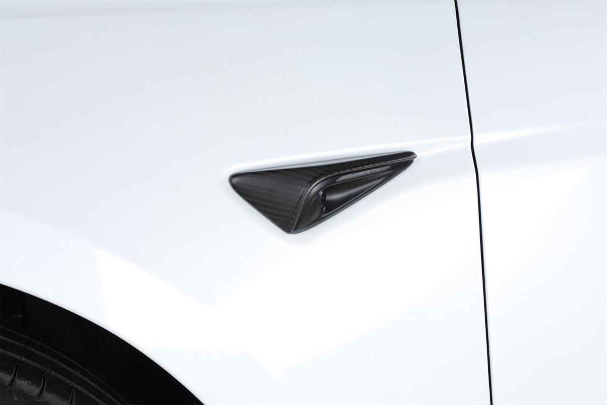 2024+ Tesla Model 3 "Highland" - Dry (Matte) Carbon Fiber All - Inclusive HW4.0 Version Camera Cover - Tesla Emblems
