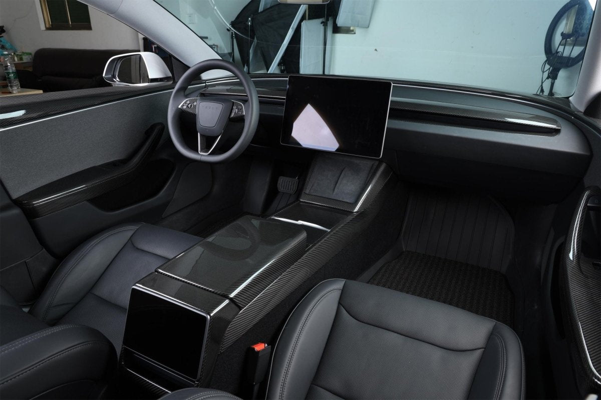 2024+ Tesla Model 3 "Highland" - Glossy Carbon Fiber Armrest Cover - Tesla Emblems