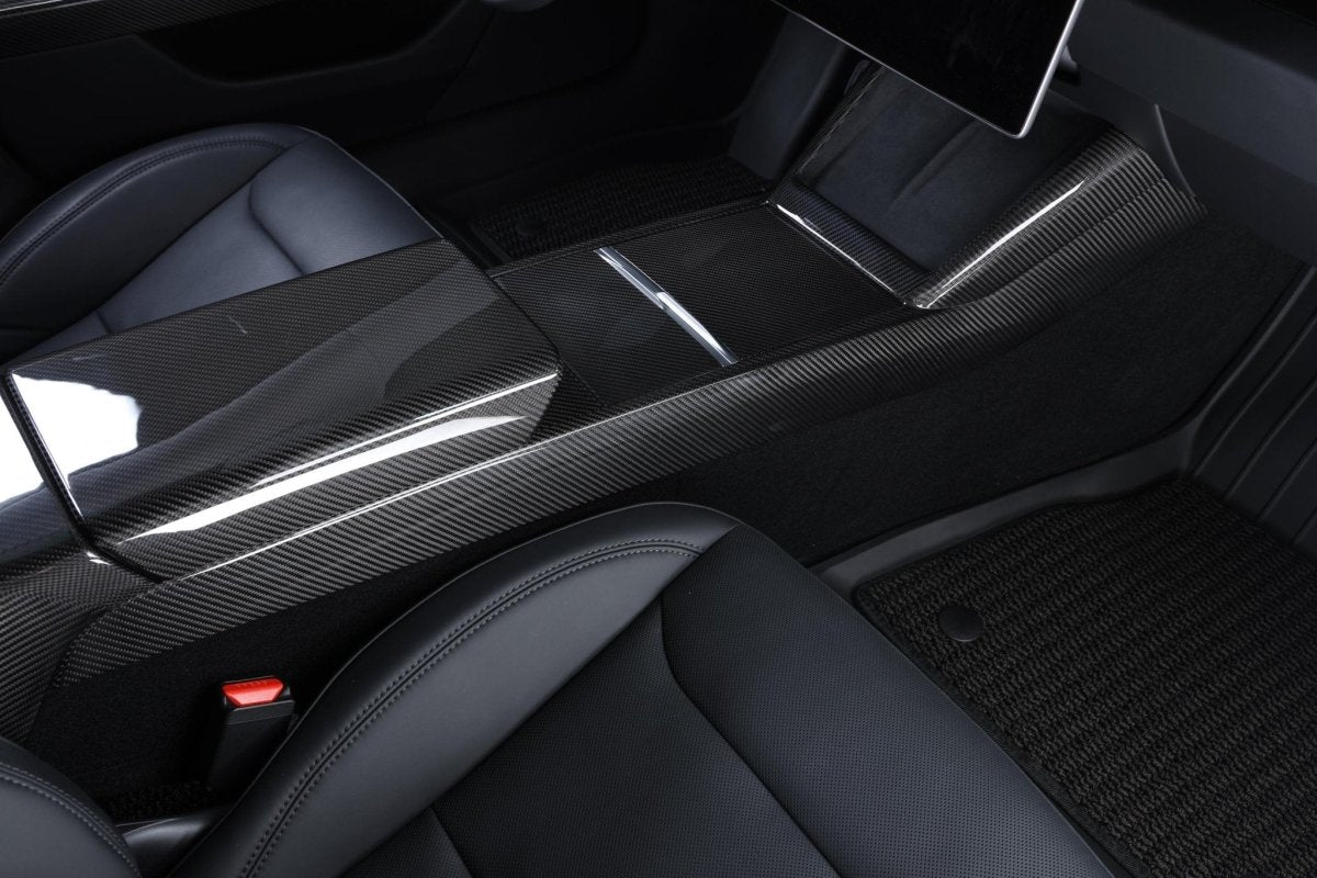 2024+ Tesla Model 3 "Highland" - Glossy Carbon Fiber Armrest Cover - Tesla Emblems