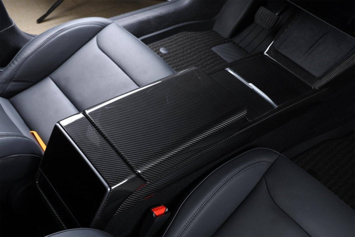 2024+ Tesla Model 3 "Highland" - Glossy Carbon Fiber Armrest Cover - Tesla Emblems