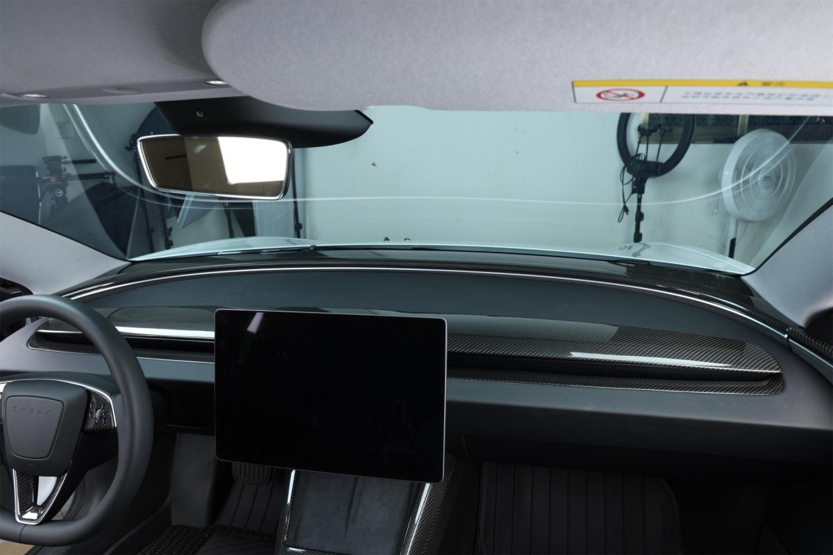 2024+ Tesla Model 3 "Highland" - Glossy Carbon Fiber Dash Cover Replacement - Tesla Emblems