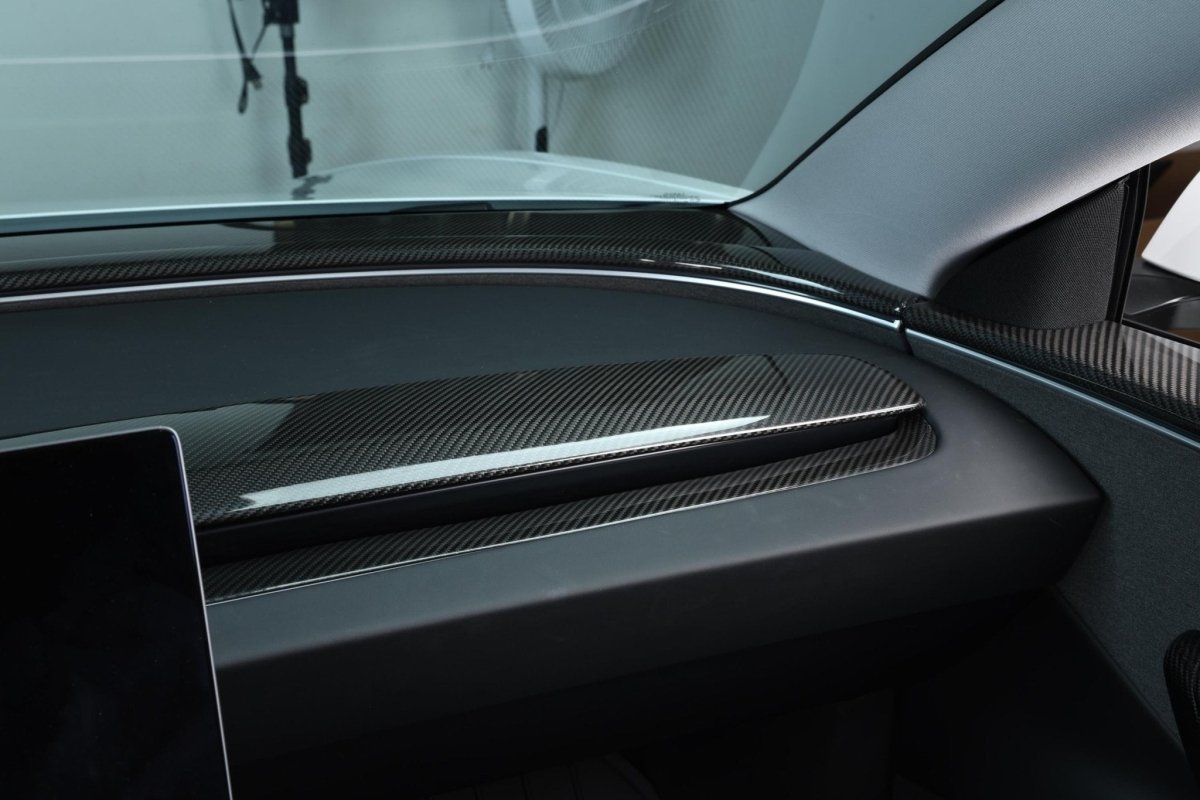 2024+ Tesla Model 3 "Highland" - Glossy Carbon Fiber Dash Upper Cover - Tesla Emblems