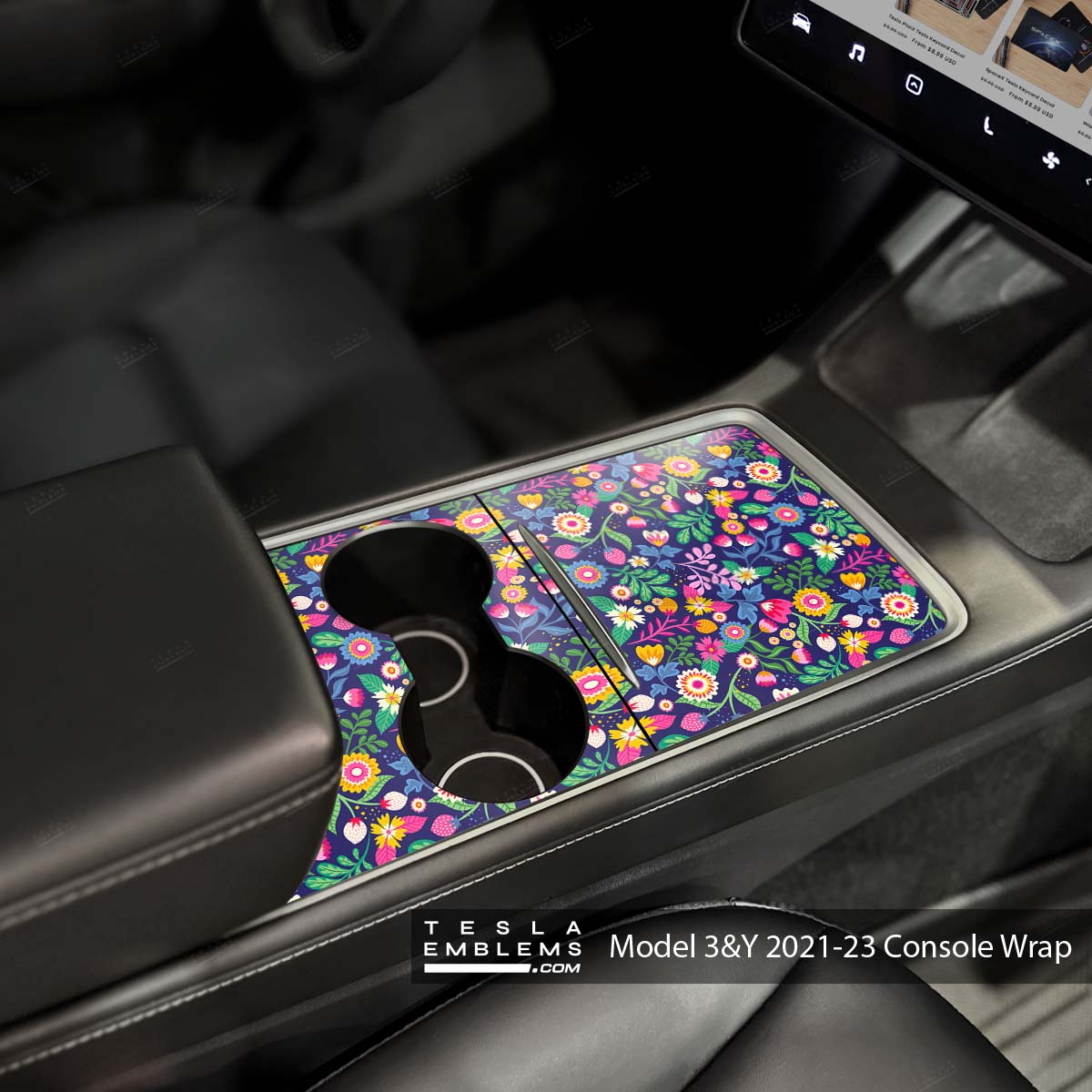 Floral Meadow Tesla Center Console Wrap Kit - Tesla Emblems