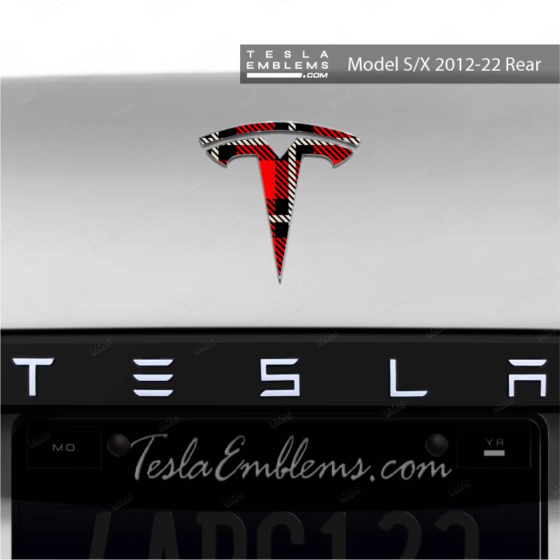 Red Plaid Tesla Emblem Decals (Front + Back Emblem Decals) - Tesla Emblems