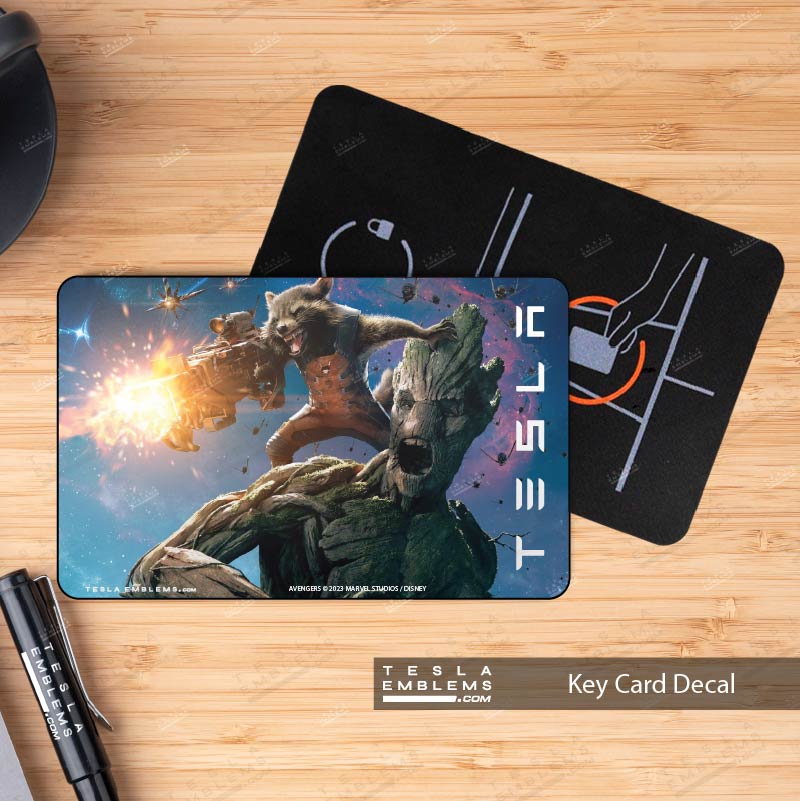 Rocket and Groot Keycard Decal - Tesla Emblems