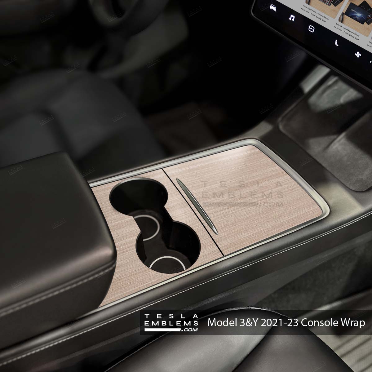 White Birch Woodgrain Tesla Center Console Wrap Kit - Tesla Emblems