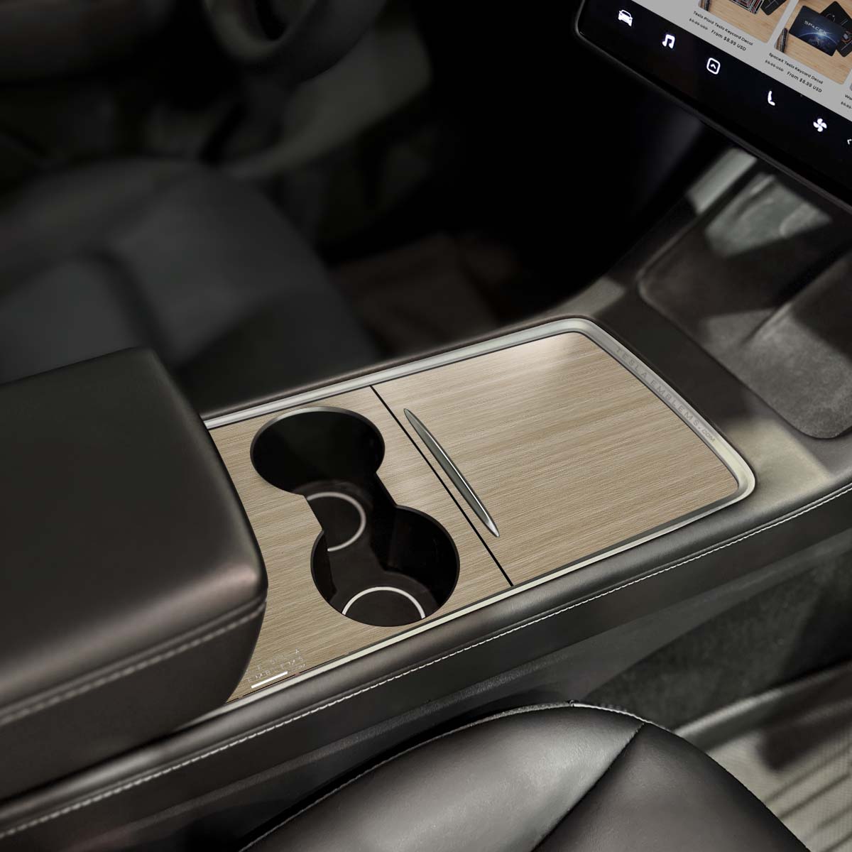 White Birch Woodgrain Tesla Center Console Wrap Kit - Tesla Emblems