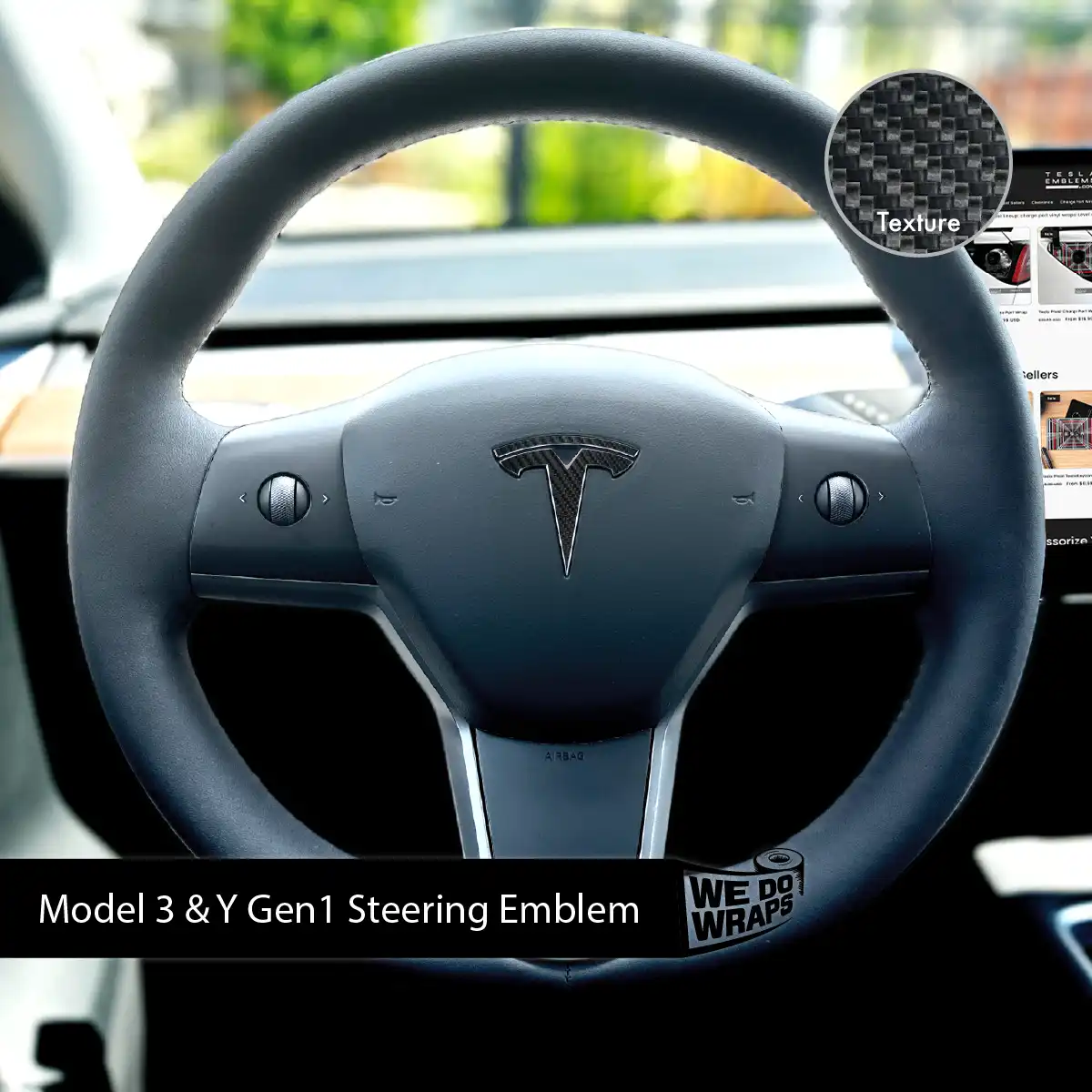 3M Carbon Fiber Tesla Steering Wheel Emblem Decal - Tesla Emblems