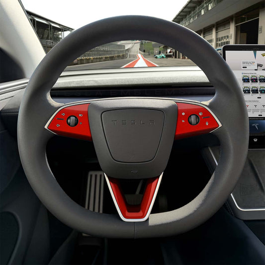 3M Gloss Dragon Fire Red Tesla Steering Wheel Trim Decal Kit (3pcs) | M3 Feb 2024 - '25 "Highland" - Tesla Emblems