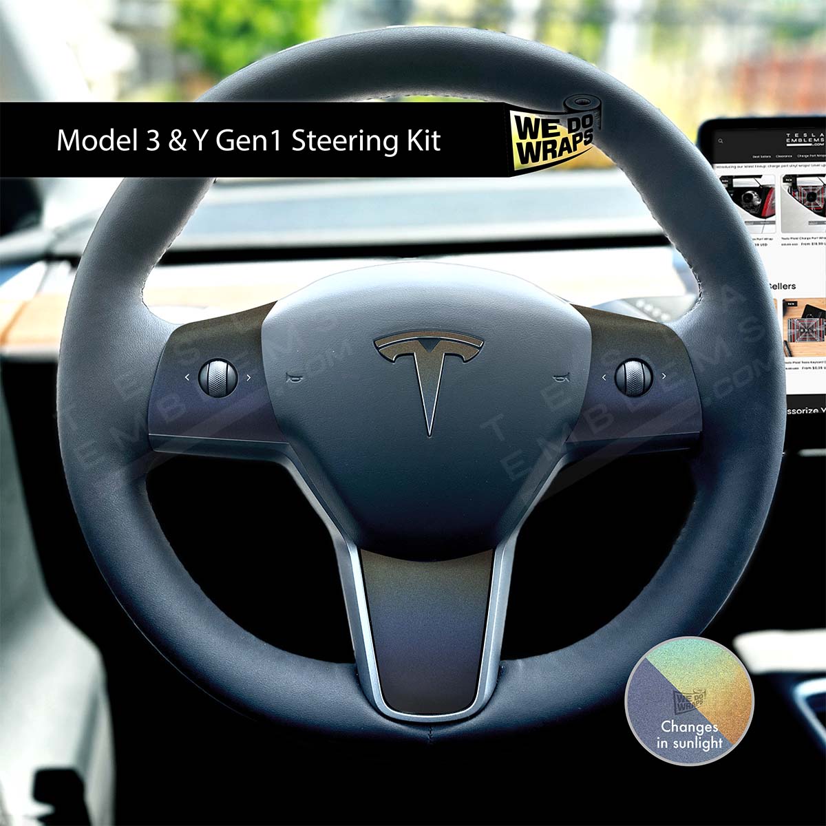 3M Satin Psychedelic Flip Tesla Steering Wheel Wrap | M3 2017 - Jan 2024 - Tesla Emblems