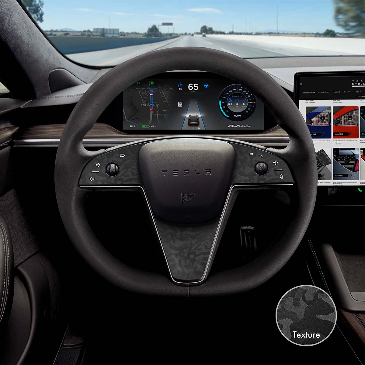 3M Shadow Black Camo Tesla Steering Wheel Trim Decal Kit (3pcs) | MS Feb 2021+ - Tesla Emblems