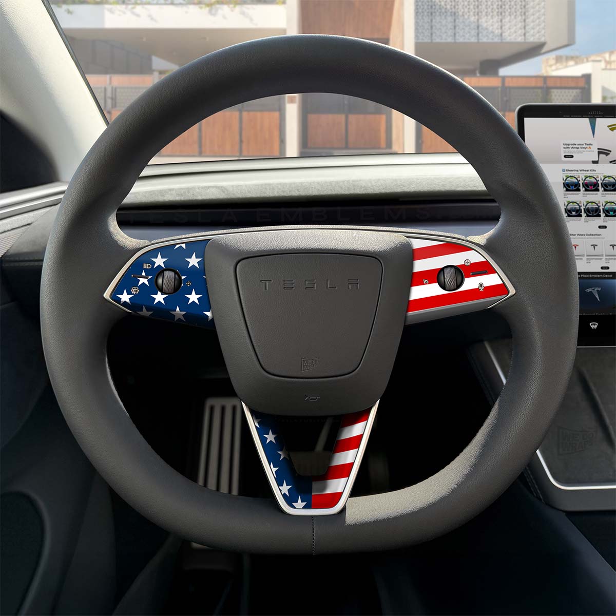 American Flag Tesla Steering Wheel Trim Decal Kit (3pcs) | MY 2026+ Refresh - Tesla Emblems