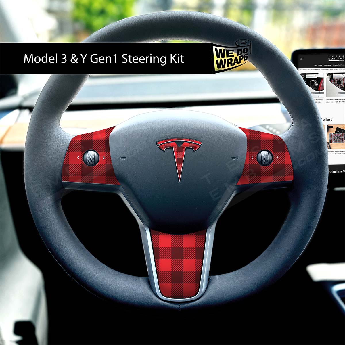 Buffalo Plaid Tesla Steering Wheel Trim Decal Kit (4pcs) | M3 2017 - Jan 2024 - Tesla Emblems