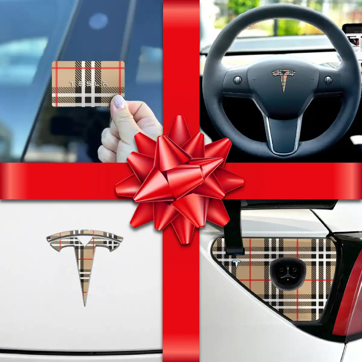 Holiday Bundle Designer BRBY Check Tesla Wrap Kit | Model 3 - Tesla Emblems