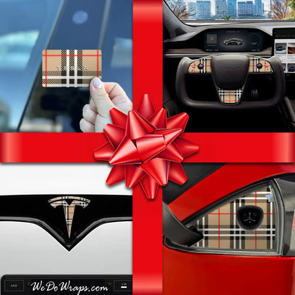 Holiday Bundle Designer BRBY Check Tesla Wrap Kit | Model S - Tesla Emblems