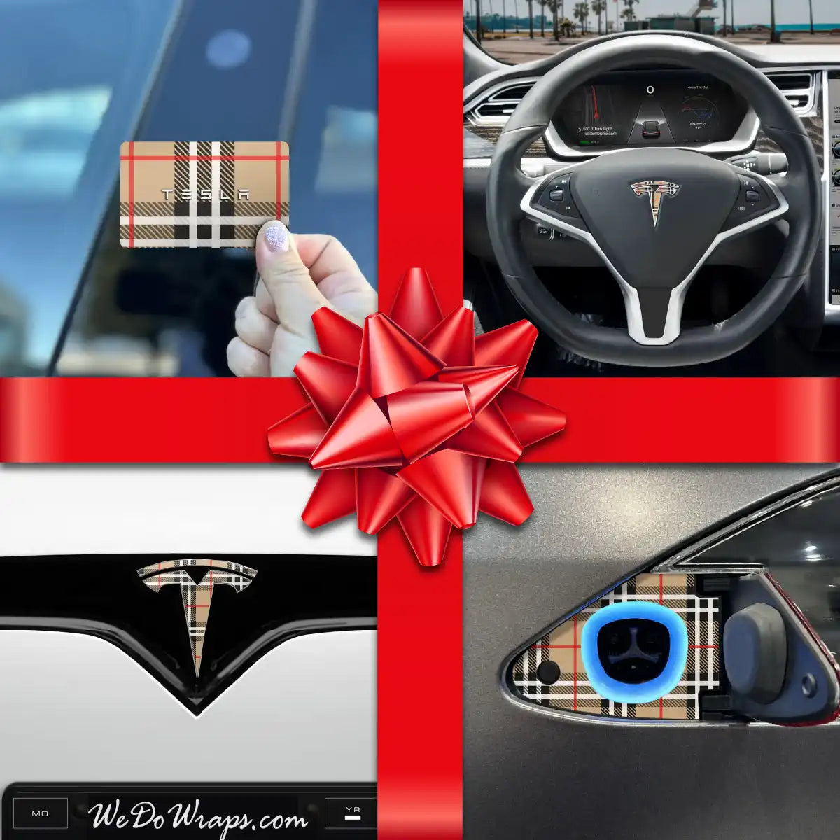 Holiday Bundle Designer BRBY Check Tesla Wrap Kit | Model S - Tesla Emblems