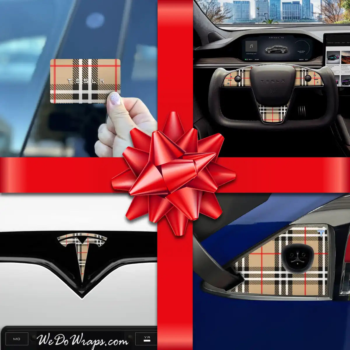 Holiday Bundle Designer BRBY Check Tesla Wrap Kit | Model X - Tesla Emblems