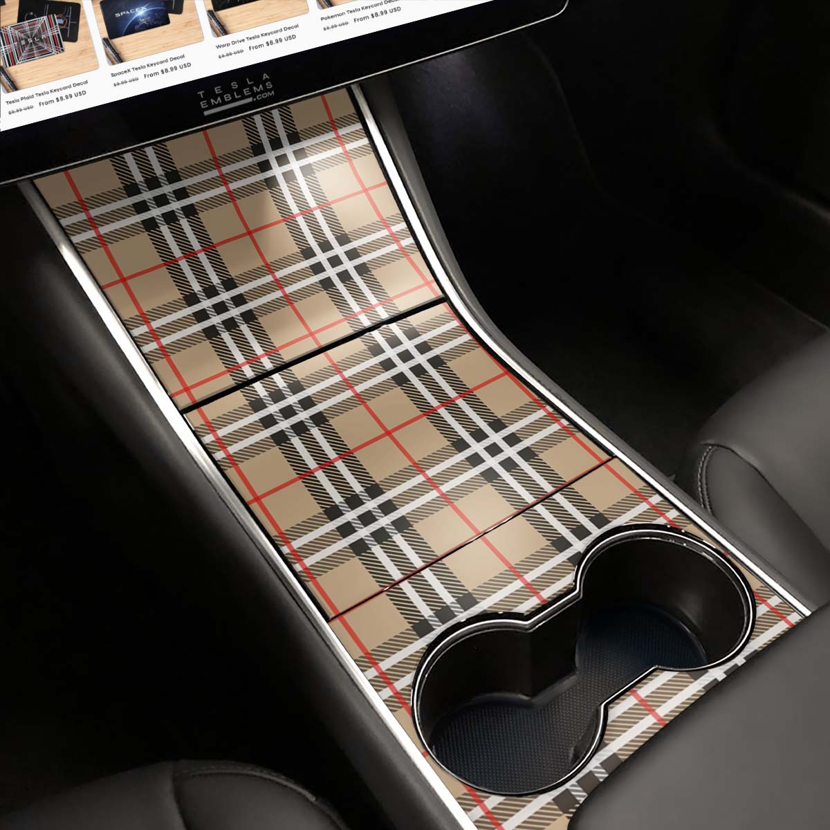 Designer BRBY Check | Tesla Center Console Wrap Kit | Model Y ’19 - 20 - Tesla Emblems