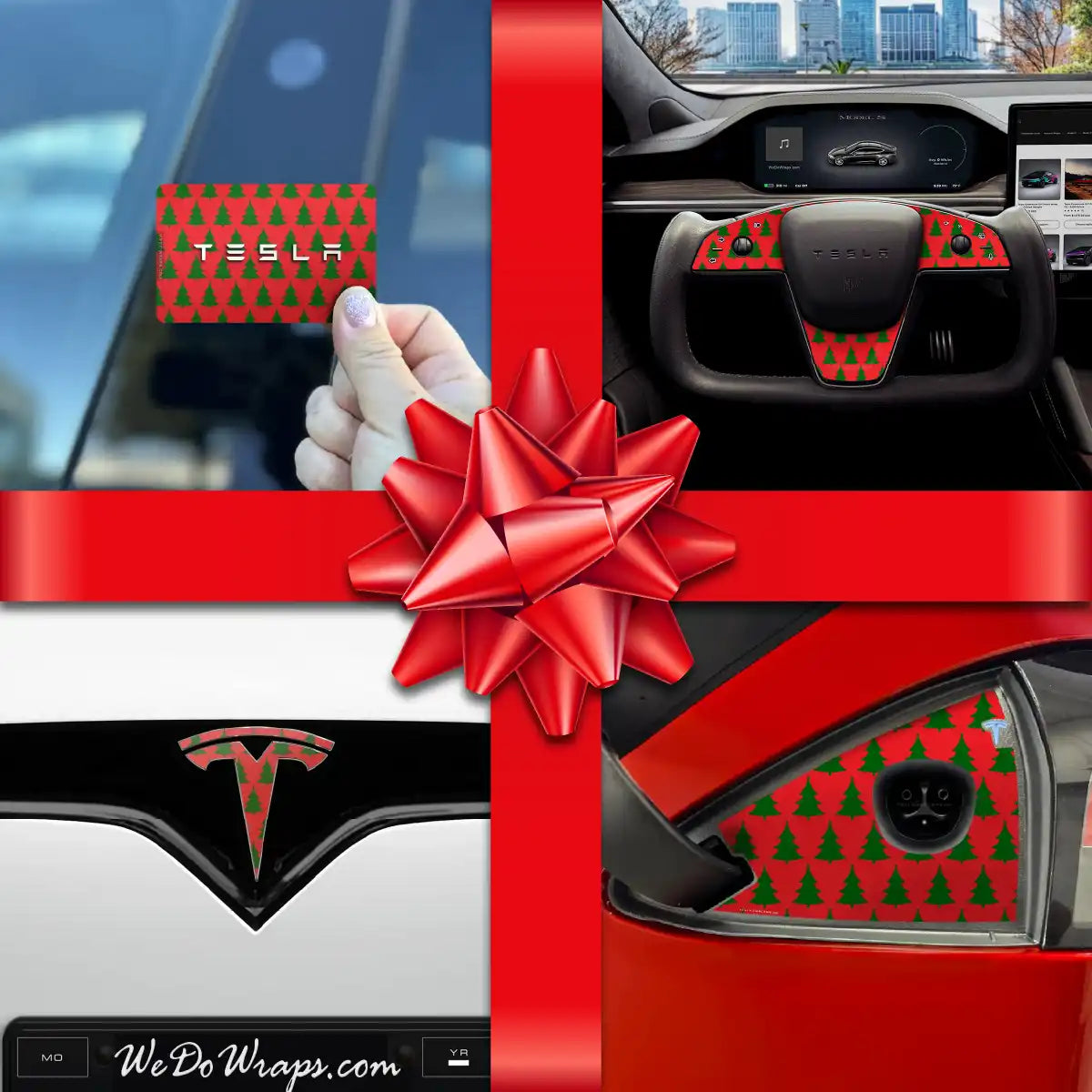 Holiday Bundle Red Xmas Trees Tesla Wrap Kit | Model S - Tesla Emblems