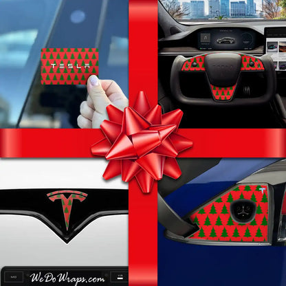 Holiday Bundle Red Xmas Trees Tesla Wrap Kit | Model X - Tesla Emblems