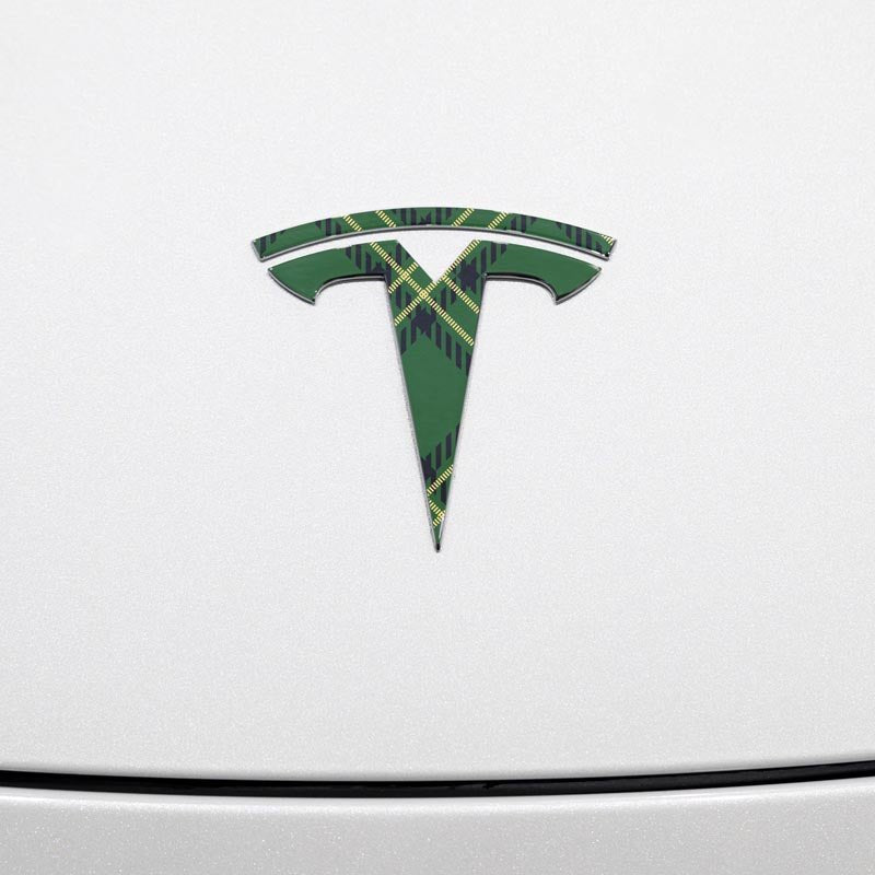 Green Plaid Tesla Emblem Decals (Front + Back Emblem Decals) - Tesla Emblems