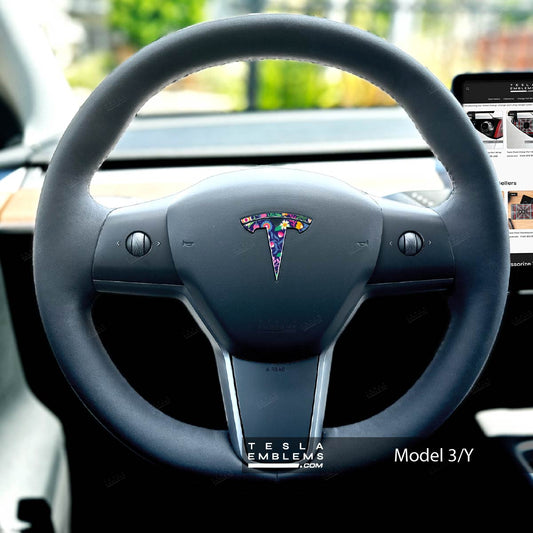 Floral Meadows Tesla Steering Wheel Emblem Decal - Tesla Emblems