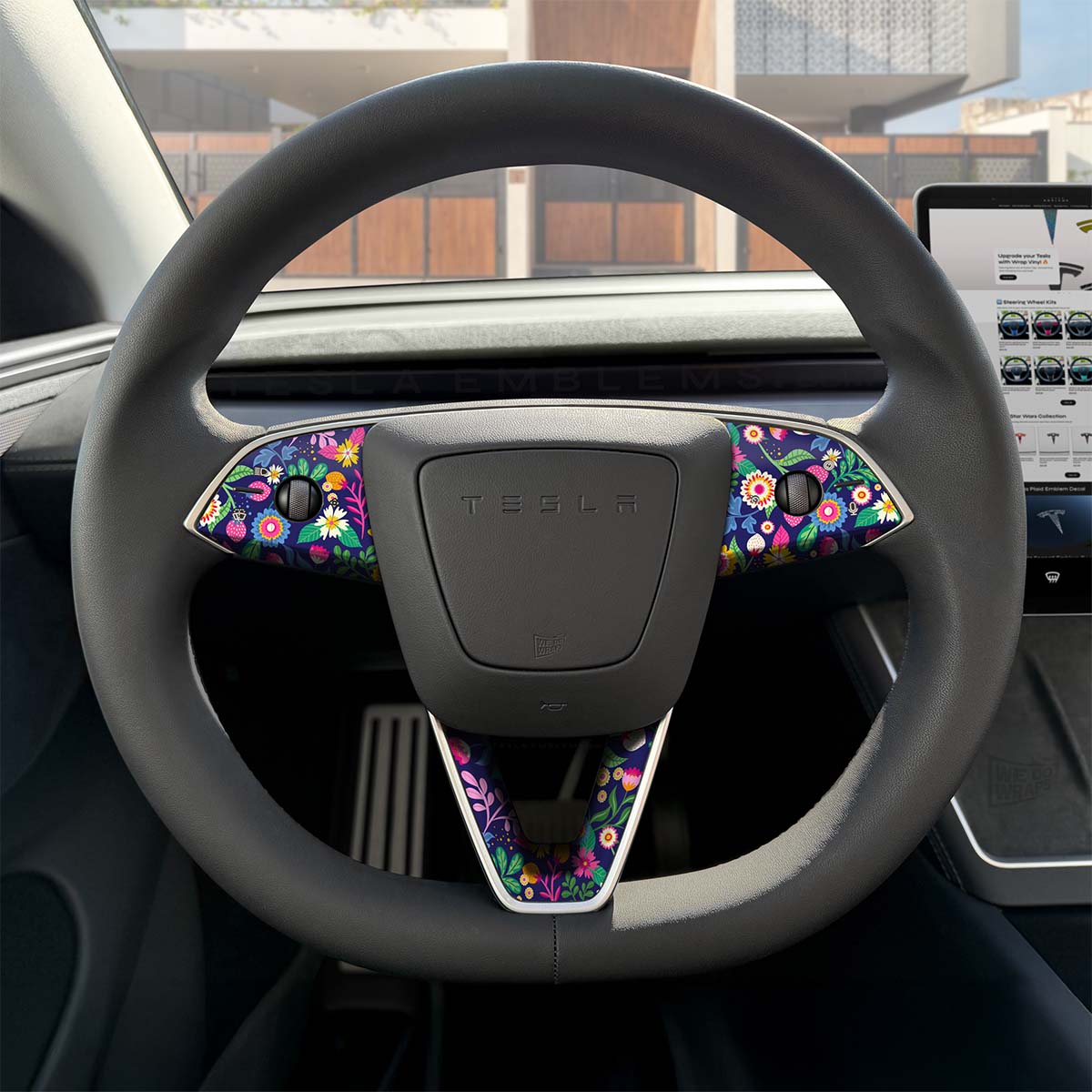 Floral Meadows Tesla Steering Wheel Trim Decal Kit (3pcs) | MY 2026+ Refresh - Tesla Emblems
