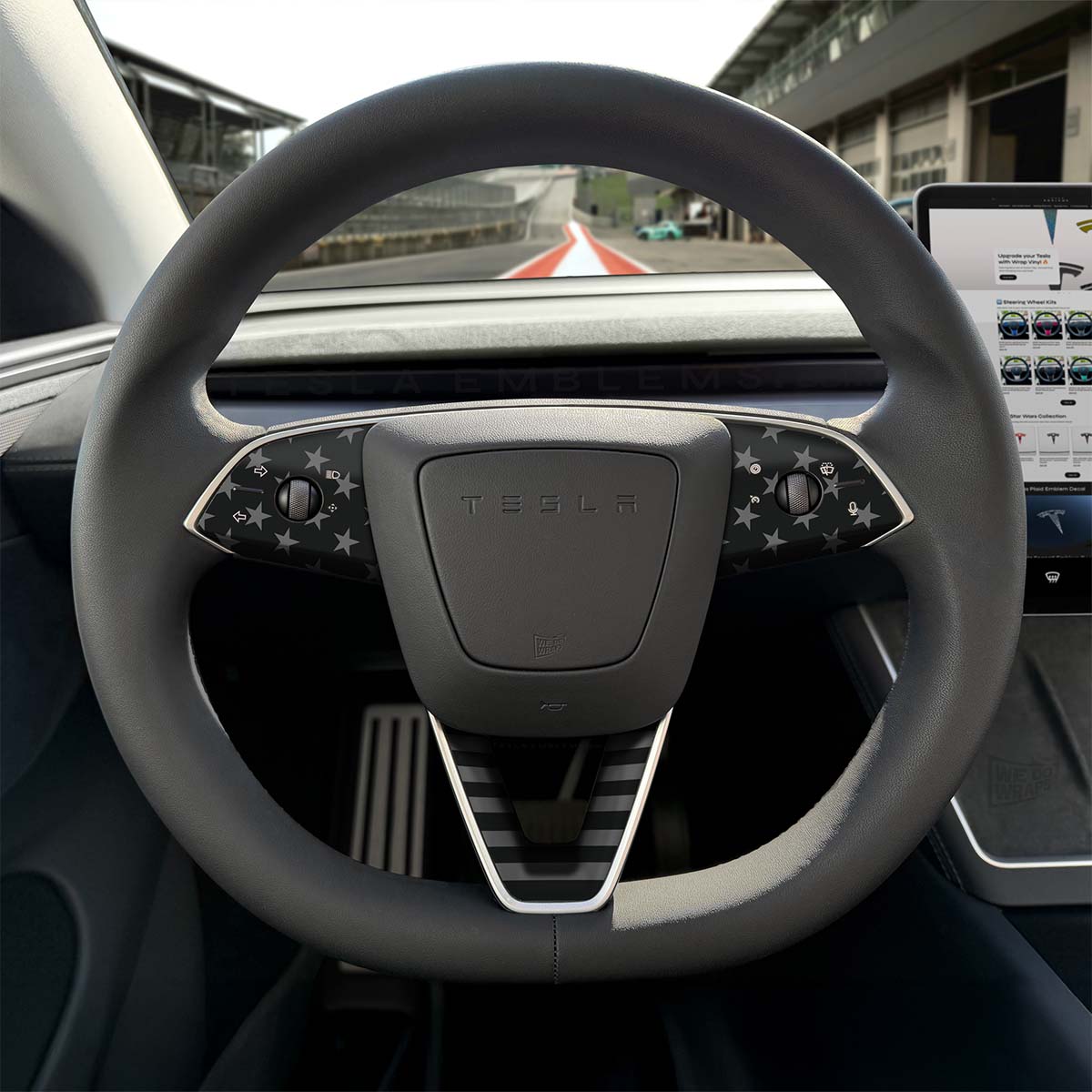 Ghost Black Patriot Flag Tesla Steering Wheel Trim Decal Kit (3pcs) | M3 Feb 2024 - '25 Refresh - Tesla Emblems