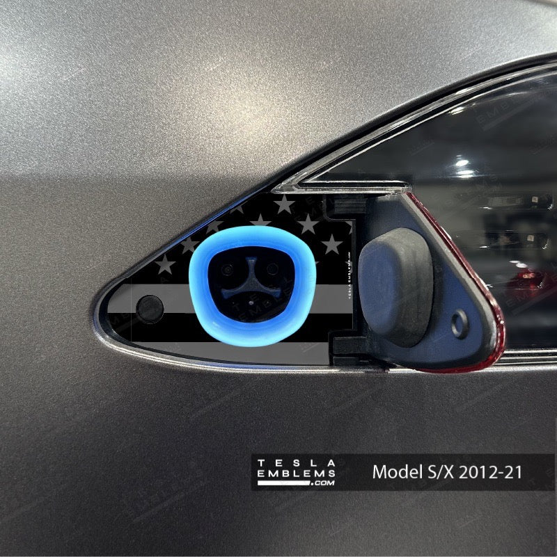 Ghost Black Patriot Flag Tesla Charge Port Wrap - Tesla Emblems