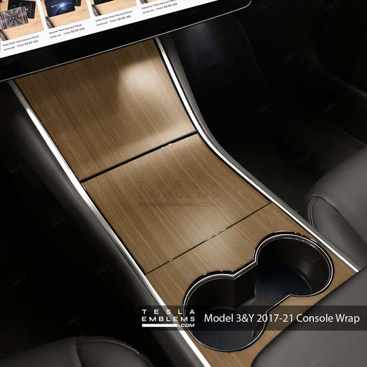 Golden Oak Woodgrain Tesla Center Console Wrap Kit | 2017-2021 Model 3 & Y - Tesla Emblems