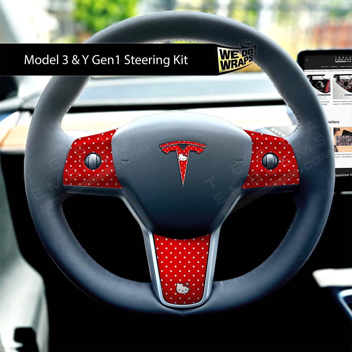 Hello Kitty Tesla Steering Wheel Trim Decal Kit (4pcs) | M3 2017 - Jan 2024 - Tesla Emblems