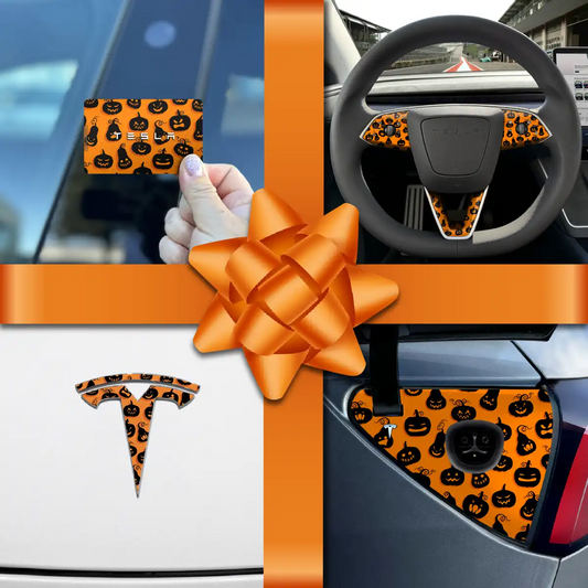 Holiday Bundle Jack - O' - Lantern Tesla Wrap Kit | Model 3 - Tesla Emblems