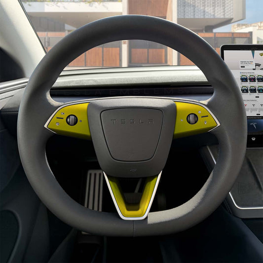 KPMF Matte Iced Yellow Tesla Steering Wheel Trim Decal Kit (3pcs) | MY 2026+ "Juniper" - Tesla Emblems