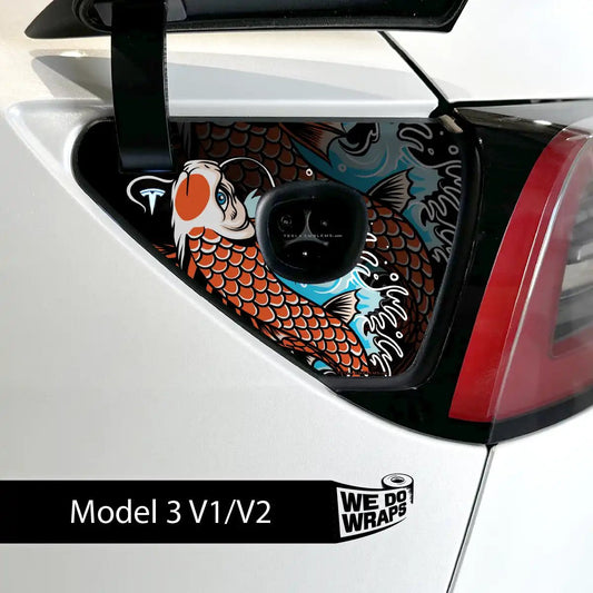 Koi Tattoo Art Tesla Charge Port Wrap | Model 3 - Tesla Emblems
