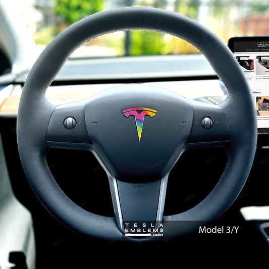 Layered Rainbow Tesla Steering Wheel Emblem Decal - Tesla Emblems