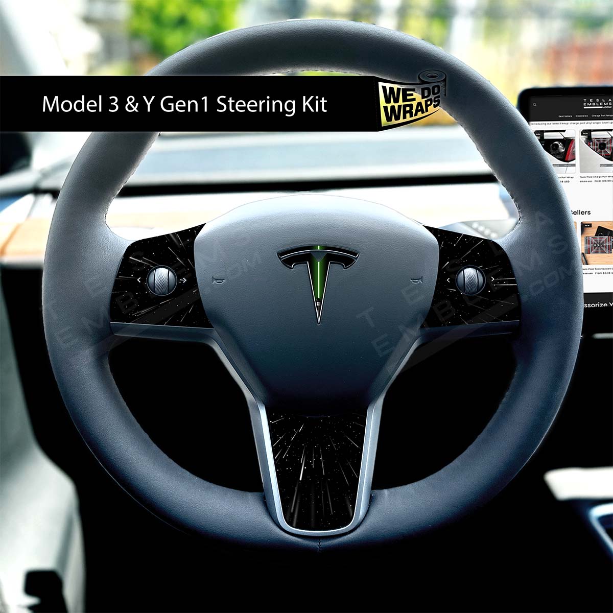 Green Laser Sword Tesla Steering Wheel Wrap | MY 2019 - '25 - Tesla Emblems
